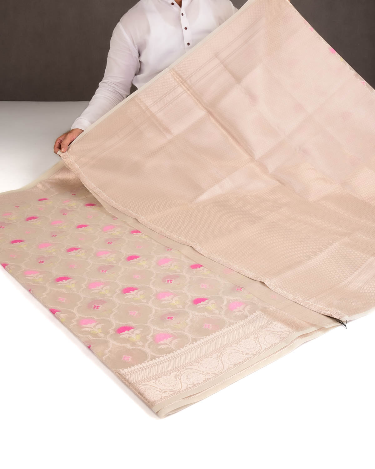 Metallic Beige Ethnic Grids Cutwork Brocade Woven Art Cotton Tissue Banarasi Saree-HolyWeaves
