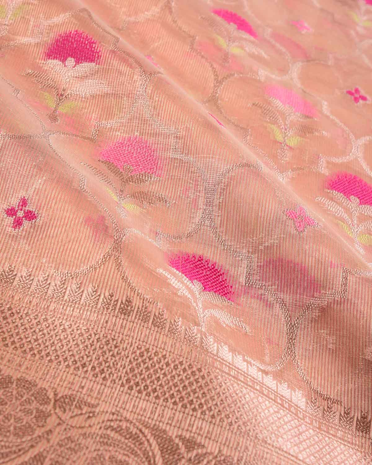 Metallic Pink Ethnic Grids Cutwork Brocade Woven Art Cotton Tissue Banarasi Saree-HolyWeaves