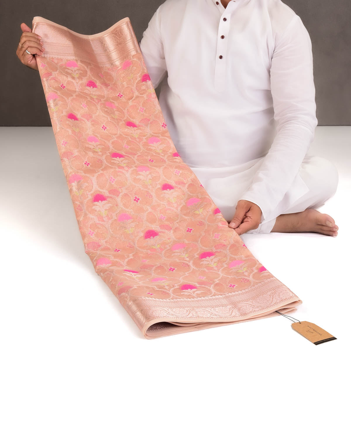 Metallic Pink Ethnic Grids Cutwork Brocade Woven Art Cotton Tissue Banarasi Saree-HolyWeaves