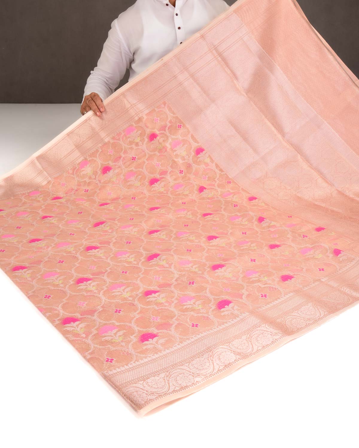 Metallic Pink Ethnic Grids Cutwork Brocade Woven Art Cotton Tissue Banarasi Saree-HolyWeaves