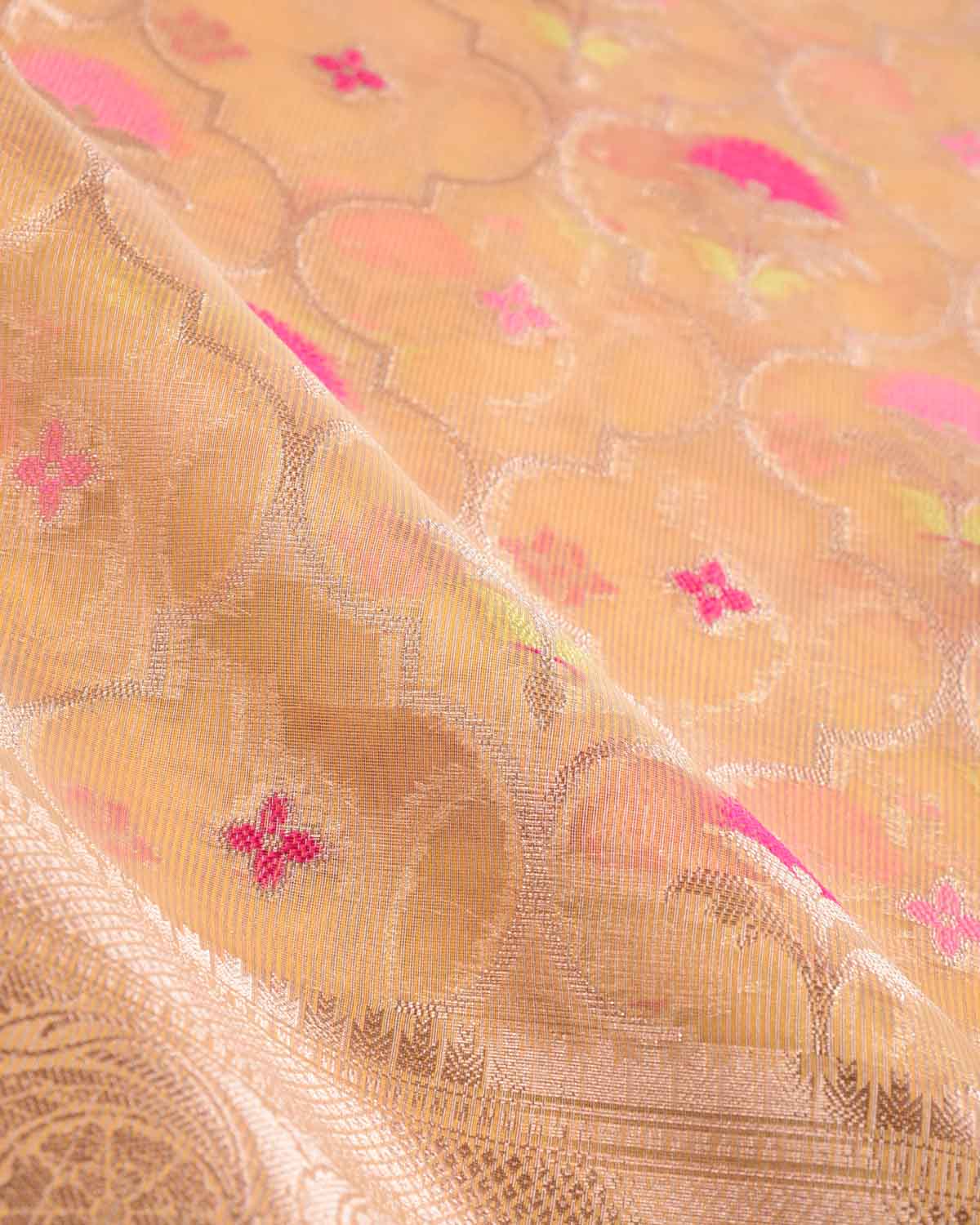 Metallic Yellow Ethnic Grids Cutwork Brocade Woven Art Cotton Tissue Banarasi Saree-HolyWeaves