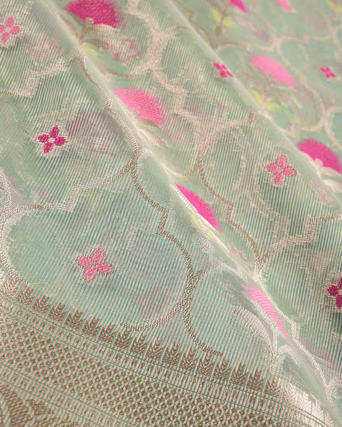 Metallic Blue Ethnic Grids Cutwork Brocade Woven Art Cotton Tissue Banarasi Saree-HolyWeaves