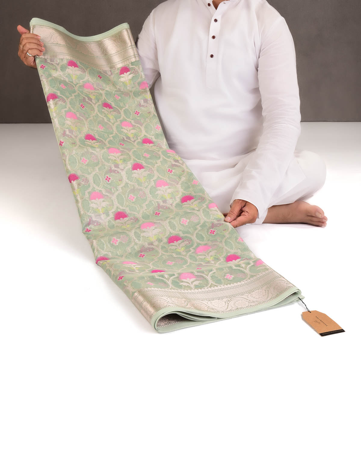 Metallic Blue Ethnic Grids Cutwork Brocade Woven Art Cotton Tissue Banarasi Saree-HolyWeaves