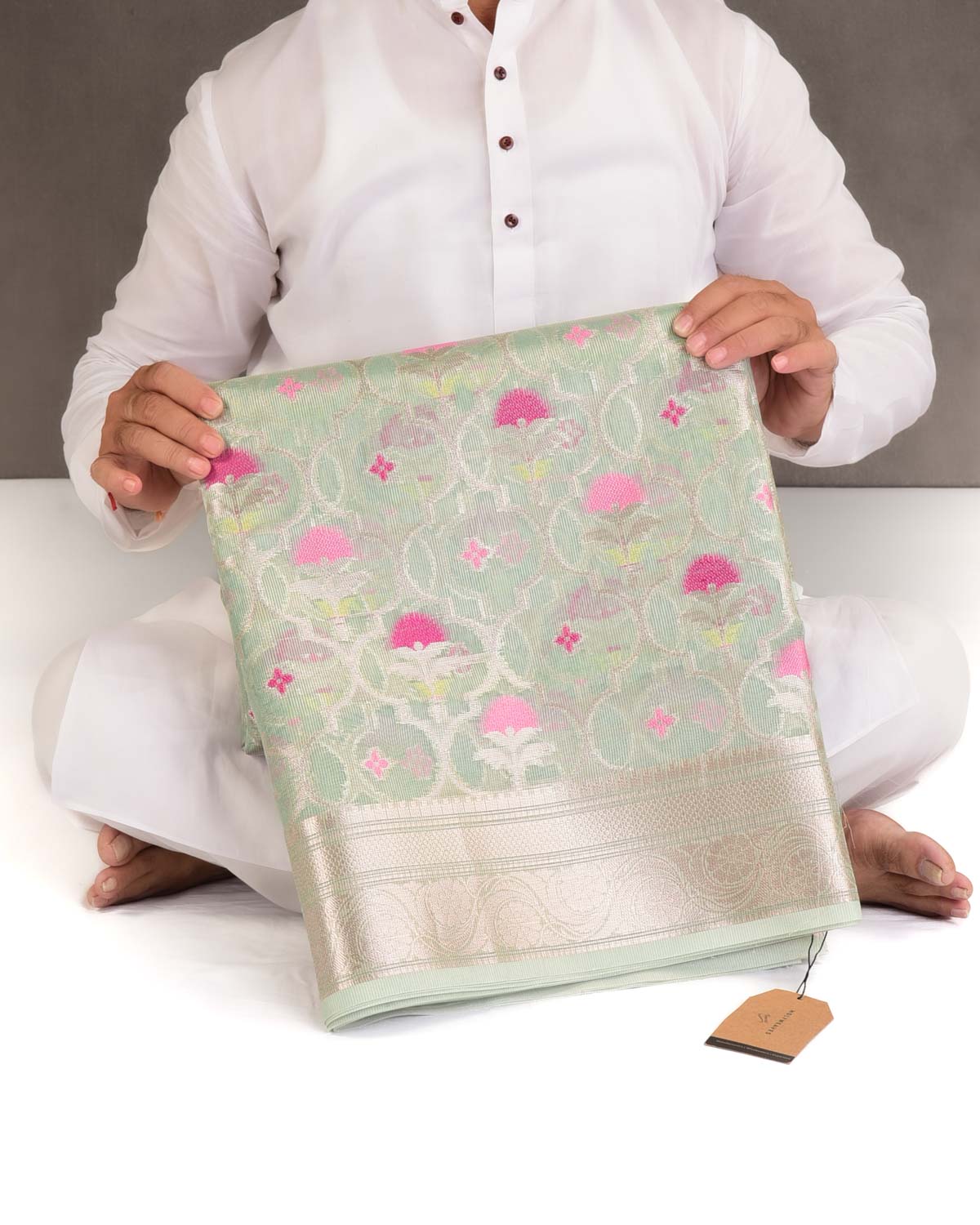 Metallic Blue Ethnic Grids Cutwork Brocade Woven Art Cotton Tissue Banarasi Saree-HolyWeaves