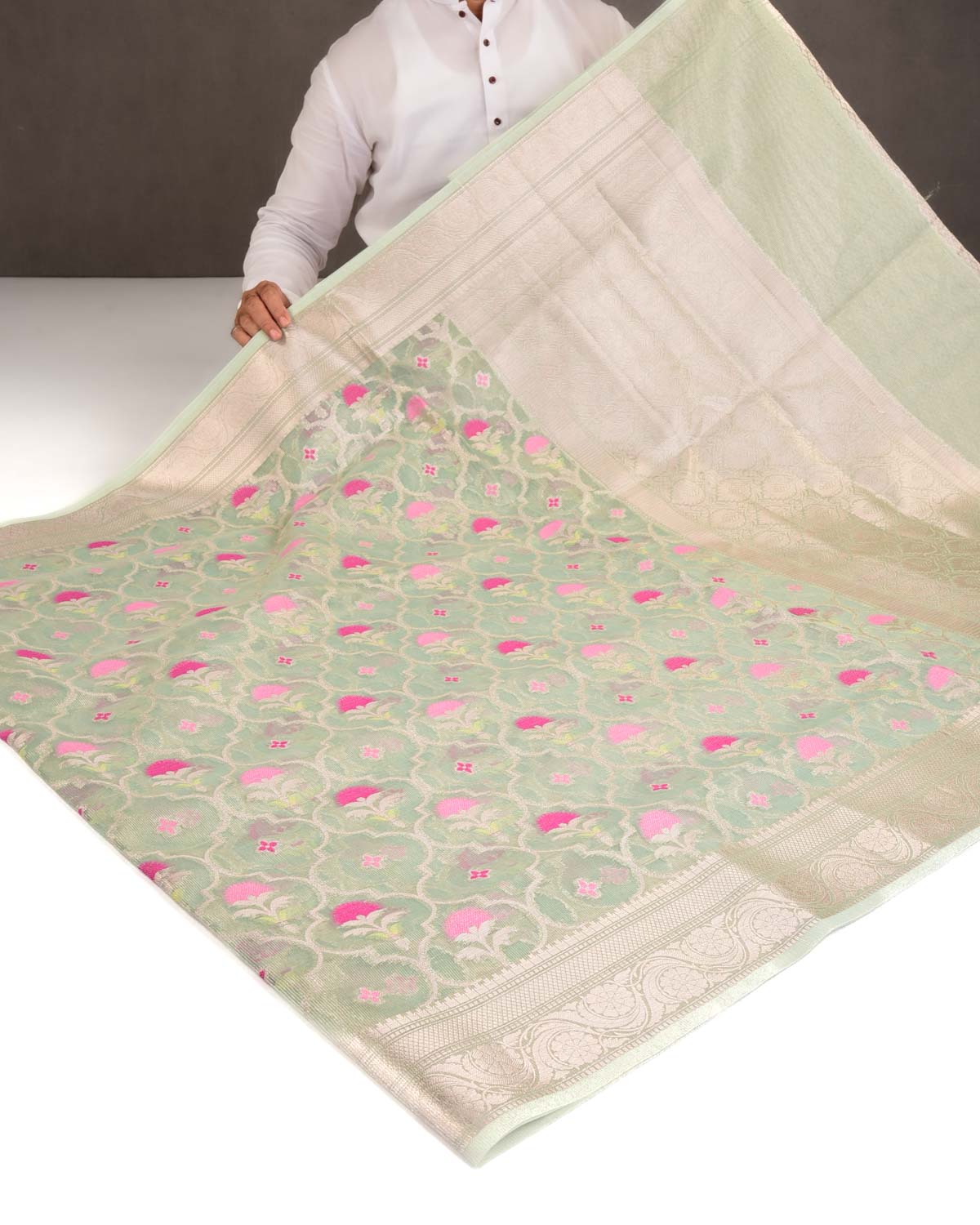 Metallic Blue Ethnic Grids Cutwork Brocade Woven Art Cotton Tissue Banarasi Saree-HolyWeaves