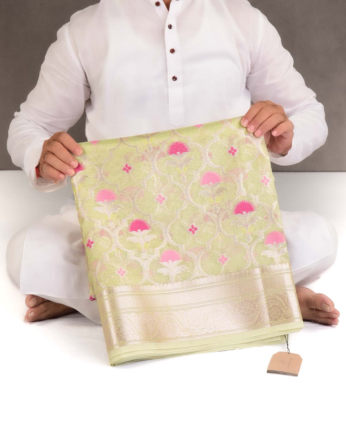 Metallic Green Ethnic Grids Cutwork Brocade Woven Art Cotton Tissue Banarasi Saree-HolyWeaves