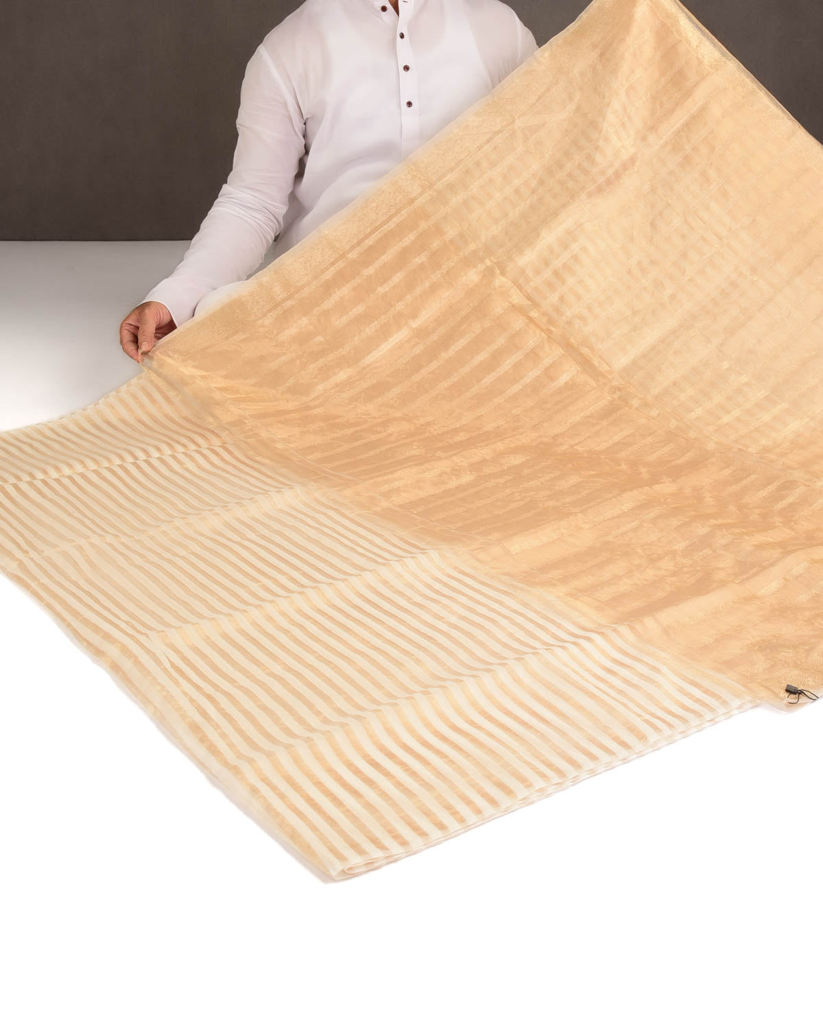 Cream Gold Zari Contemporary Stripes Brocade Woven Cotton Silk Banarasi Saree-HolyWeaves