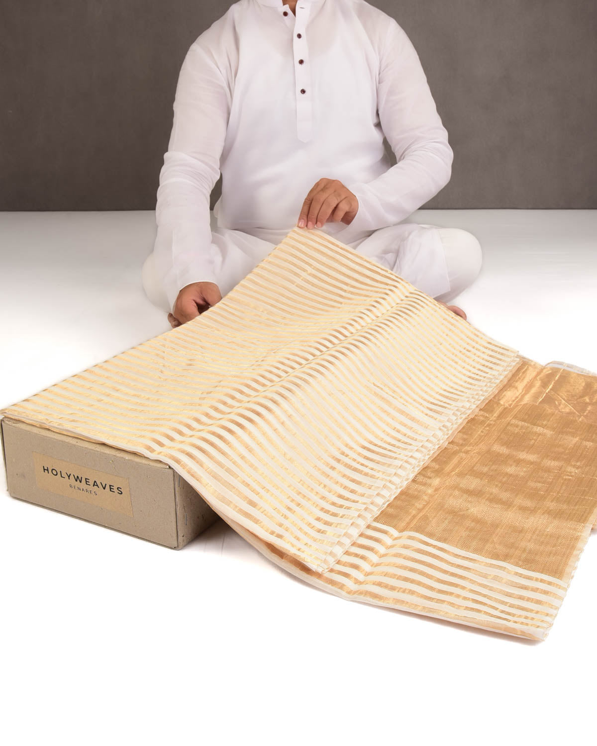 Cream Gold Zari Contemporary Stripes Brocade Woven Cotton Silk Banarasi Saree-HolyWeaves