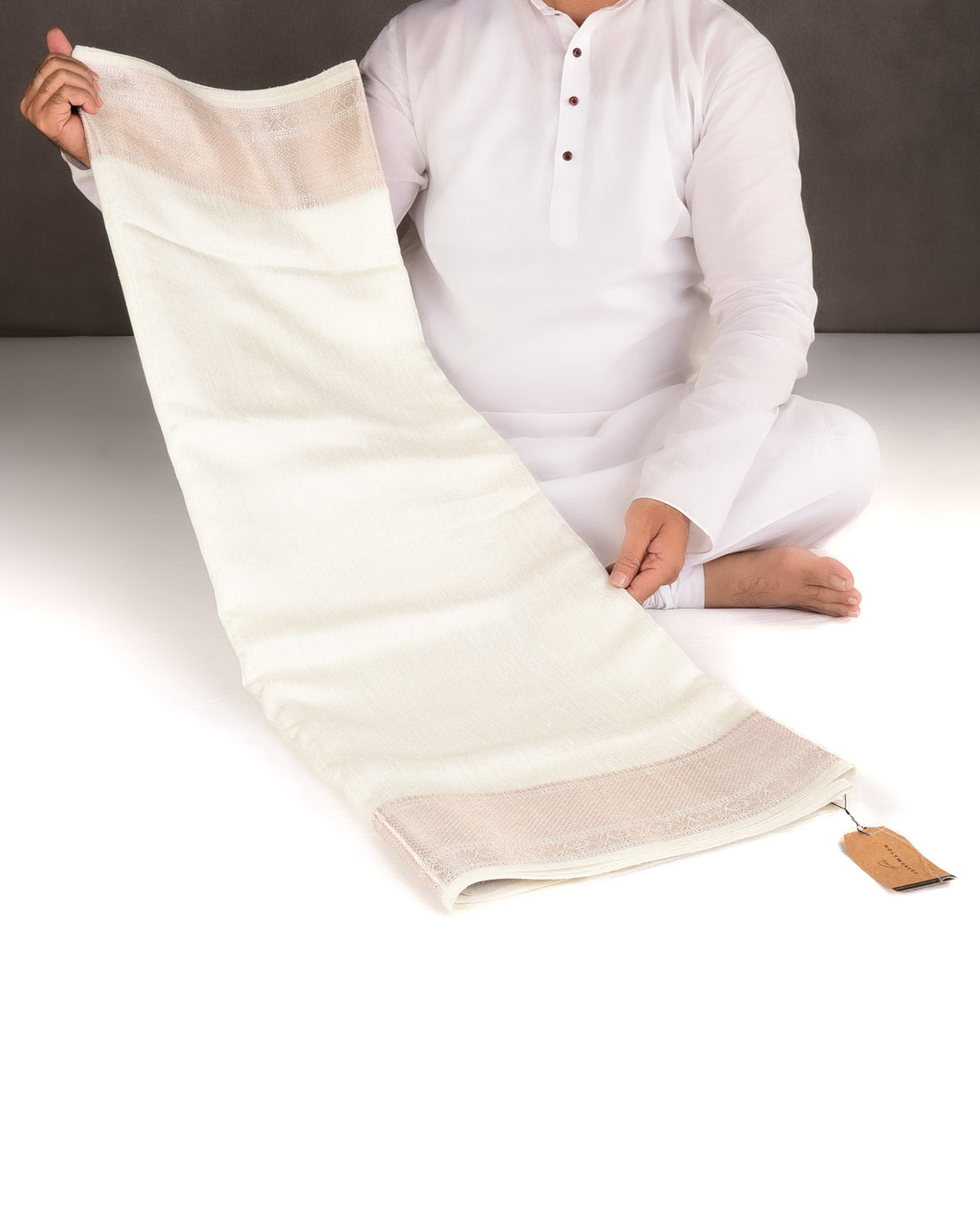 Ivory White Slub Textured Brocade Woven Poly Cotton Dupion Banarasi Saree with Gold Zari Border Pallu-HolyWeaves