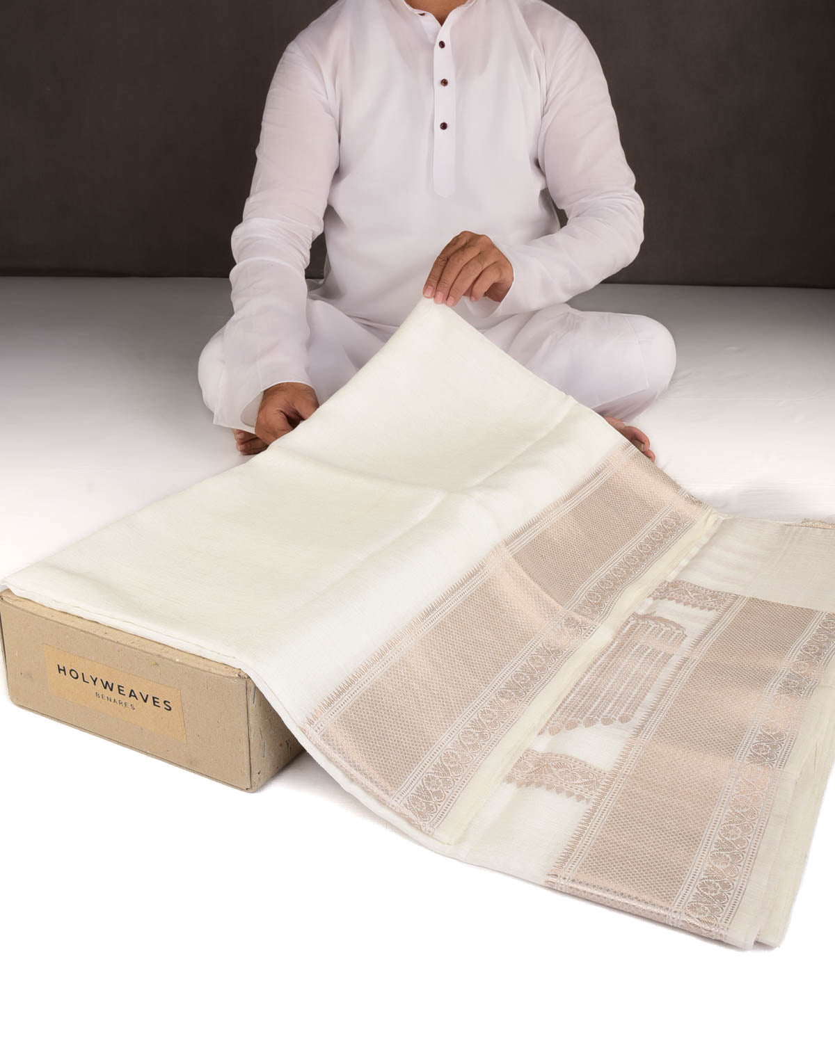 Ivory White Slub Textured Brocade Woven Poly Cotton Dupion Banarasi Saree with Gold Zari Border Pallu-HolyWeaves