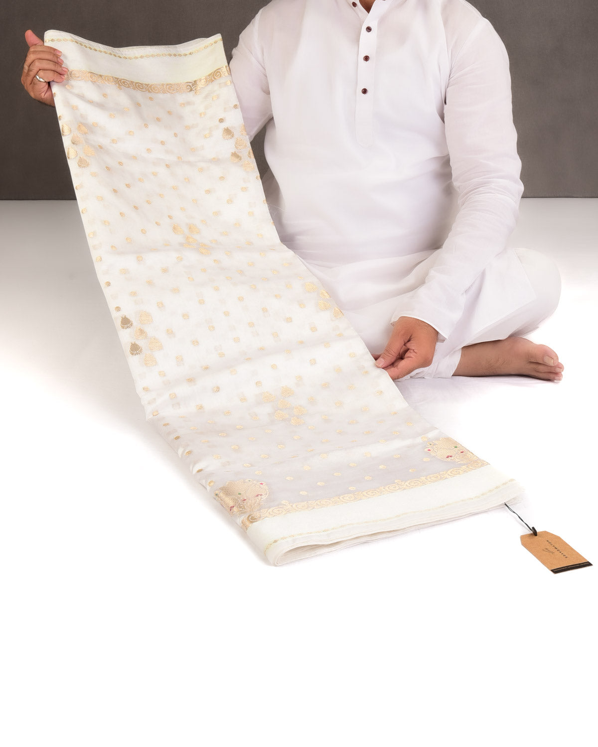Ivory White Gold Zari Buti Cutwork Brocade Woven Dupion Silk Banarasi Saree with Meenekari Buta-HolyWeaves