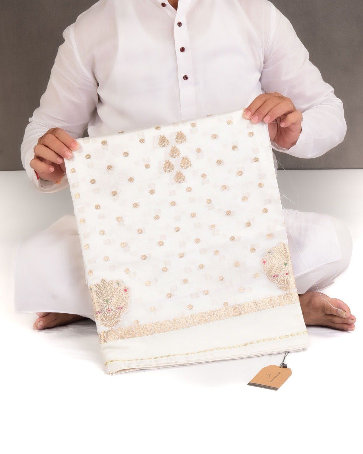 Ivory White Gold Zari Buti Cutwork Brocade Woven Dupion Silk Banarasi Saree with Meenekari Buta-HolyWeaves