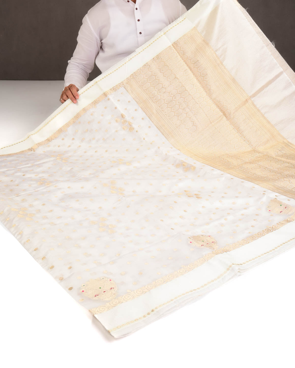 Ivory White Gold Zari Buti Cutwork Brocade Woven Dupion Silk Banarasi Saree with Meenekari Buta-HolyWeaves