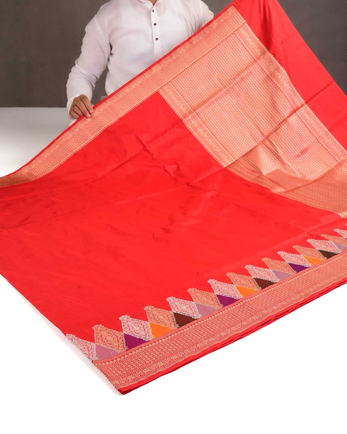 Bridal Red Gold & Silver Zari & Meenekari Kadhuan Brocade Handwoven Katan Silk Banarasi Saree-HolyWeaves