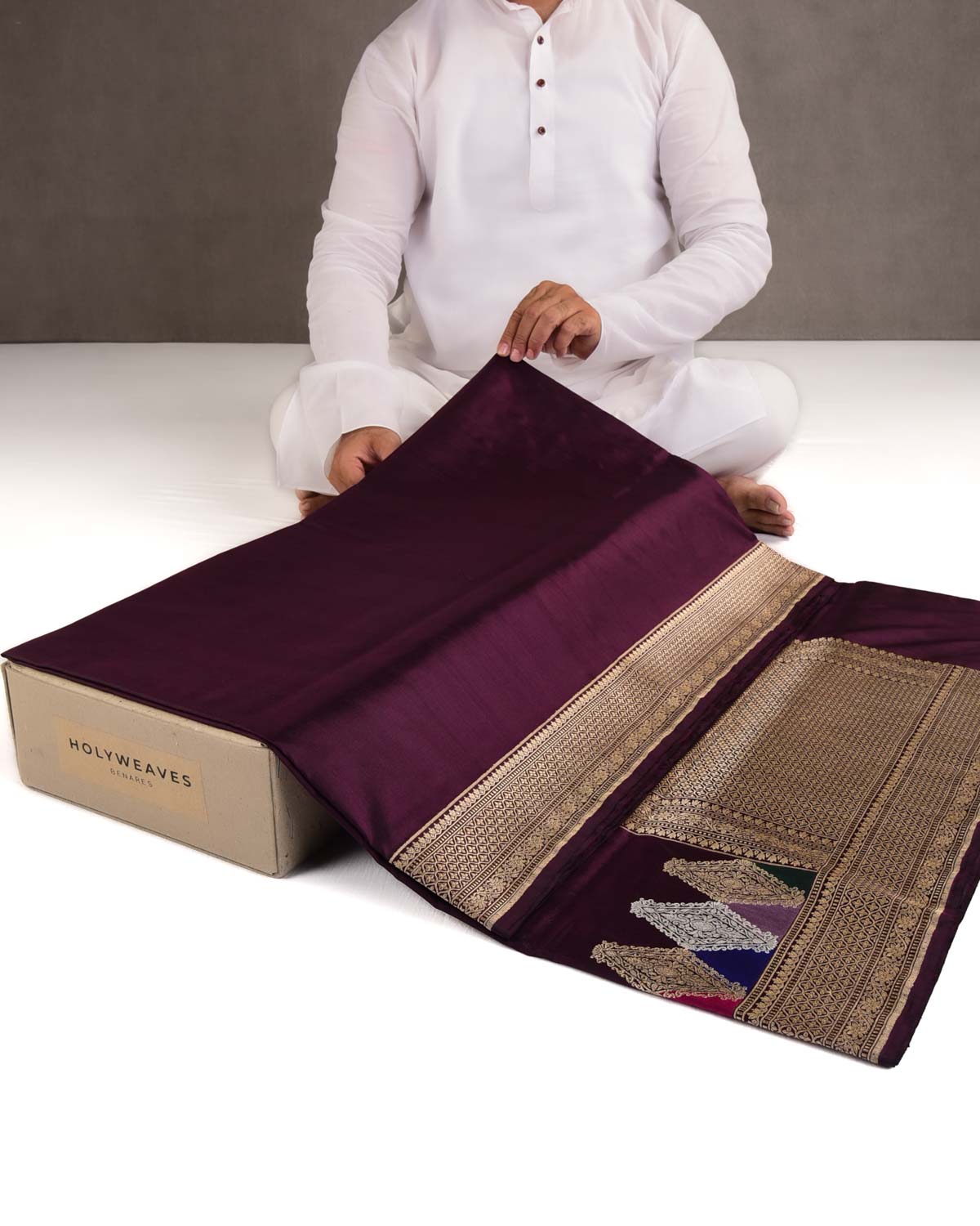 Sangria Purple Gold & Silver Zari & Meenekari Kadhuan Brocade Handwoven Katan Silk Banarasi Saree-HolyWeaves