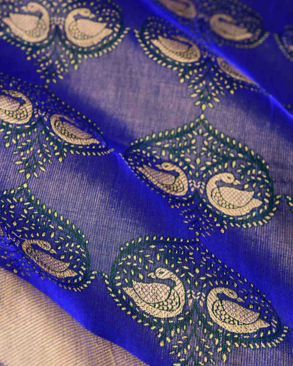 Metallic Royal Blue Gold Zari & Resham Brocade Handwoven Katan Silk Banarasi Saree-HolyWeaves