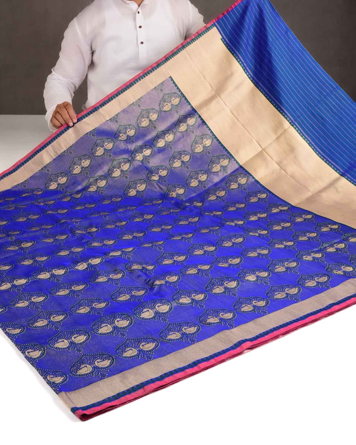 Metallic Royal Blue Gold Zari & Resham Brocade Handwoven Katan Silk Banarasi Saree-HolyWeaves