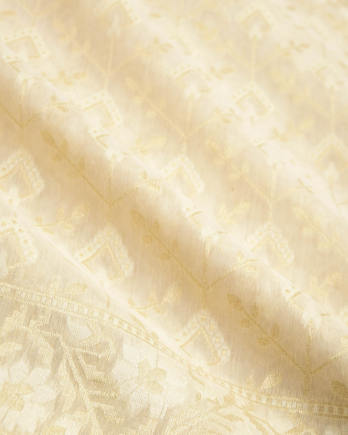 Ivory White Gold Zari & Resham Cutwork Brocade Woven Art Cotton Silk Banarasi Saree-HolyWeaves
