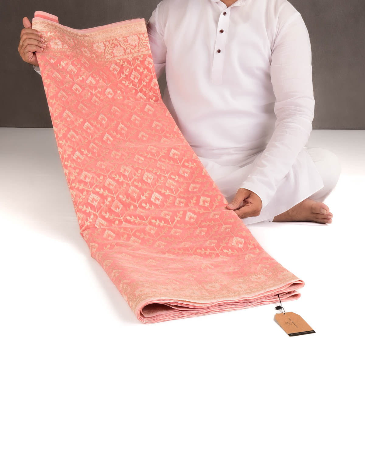 Peach Gold Zari & Resham Cutwork Brocade Woven Art Cotton Silk Banarasi Saree-HolyWeaves