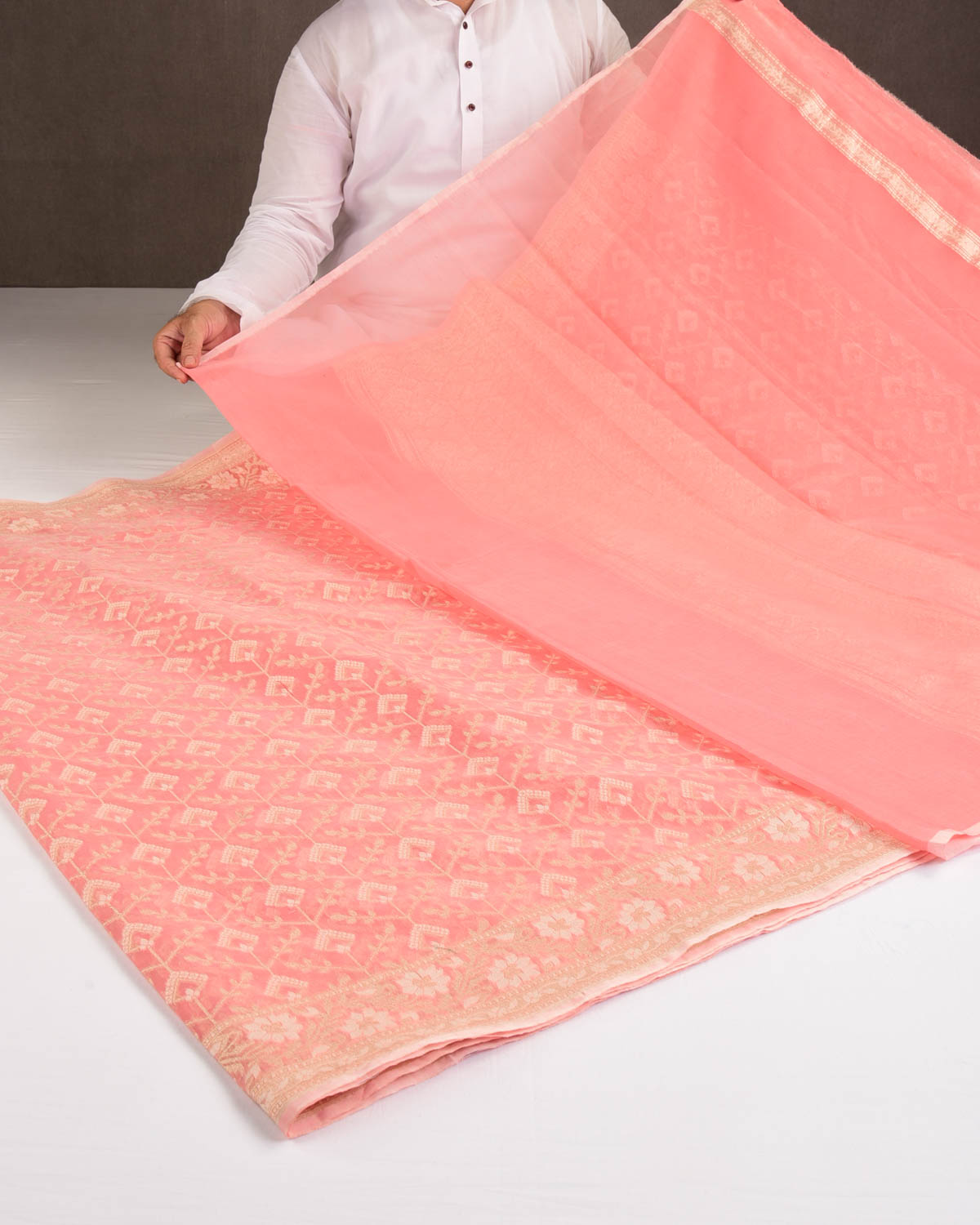 Peach Gold Zari & Resham Cutwork Brocade Woven Art Cotton Silk Banarasi Saree-HolyWeaves