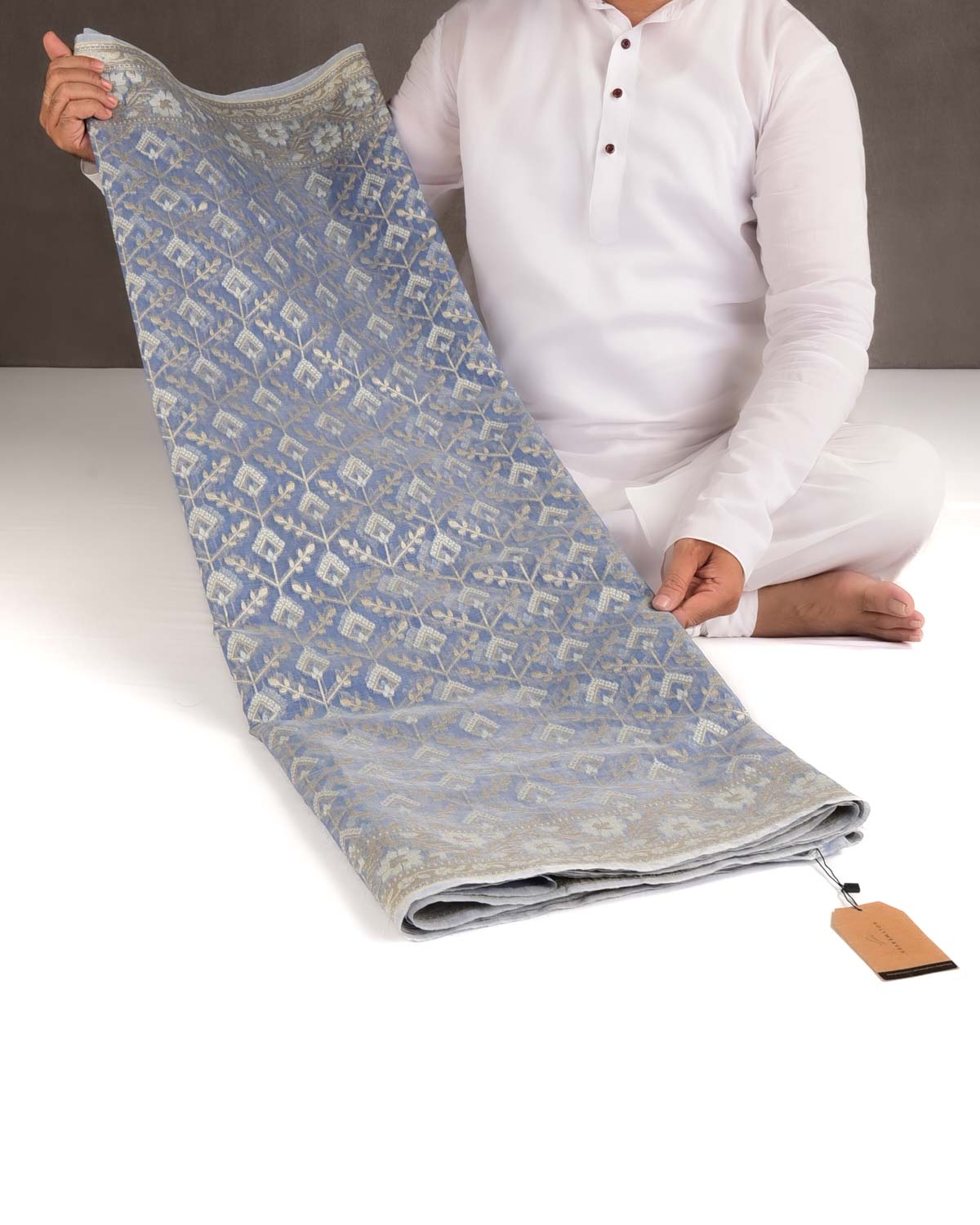 Bluish Gray Gold Zari & Resham Cutwork Brocade Woven Art Cotton Silk Banarasi Saree-HolyWeaves
