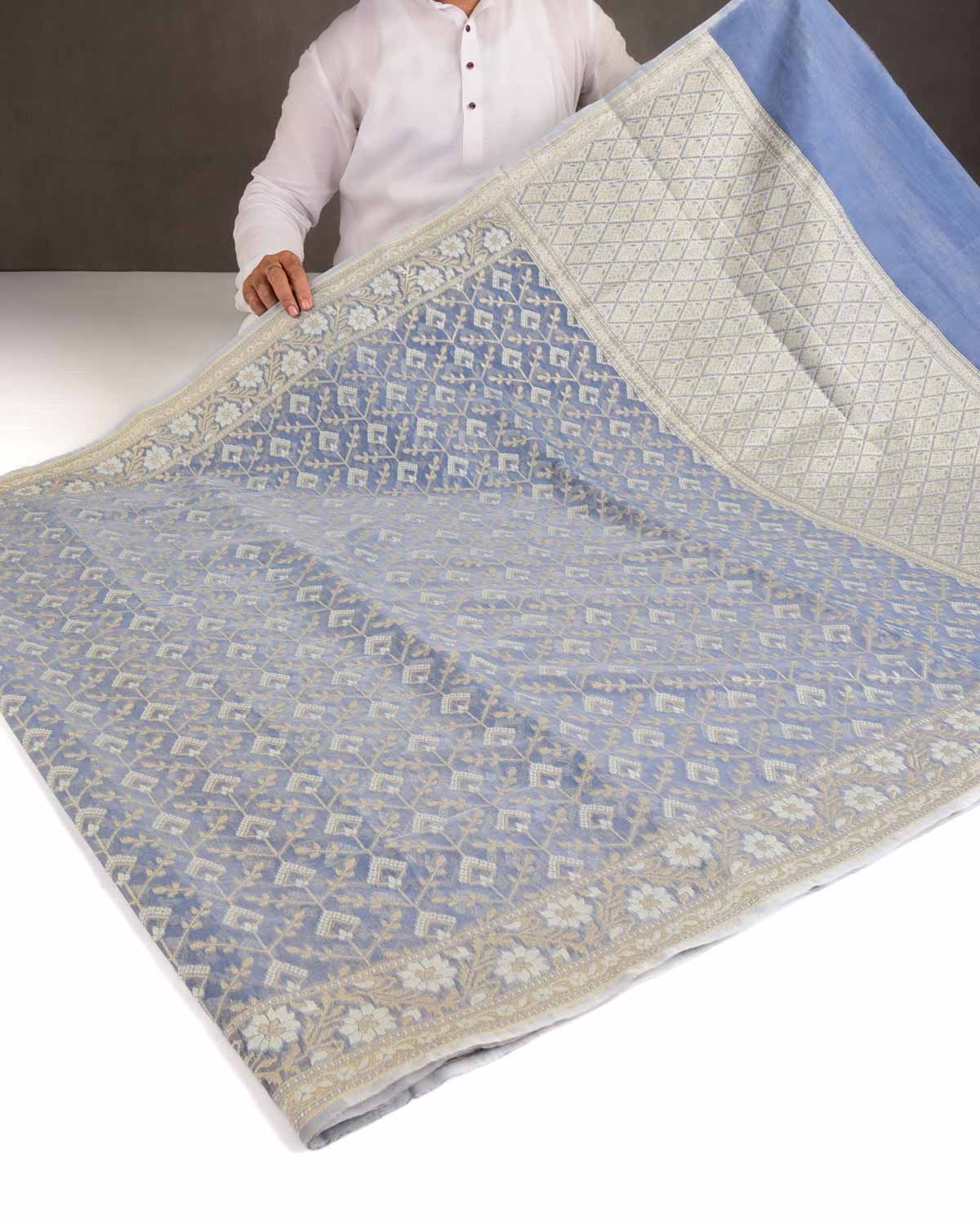 Bluish Gray Gold Zari & Resham Cutwork Brocade Woven Art Cotton Silk Banarasi Saree-HolyWeaves