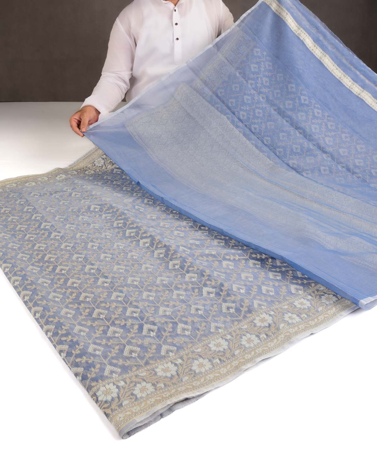 Bluish Gray Gold Zari & Resham Cutwork Brocade Woven Art Cotton Silk Banarasi Saree-HolyWeaves