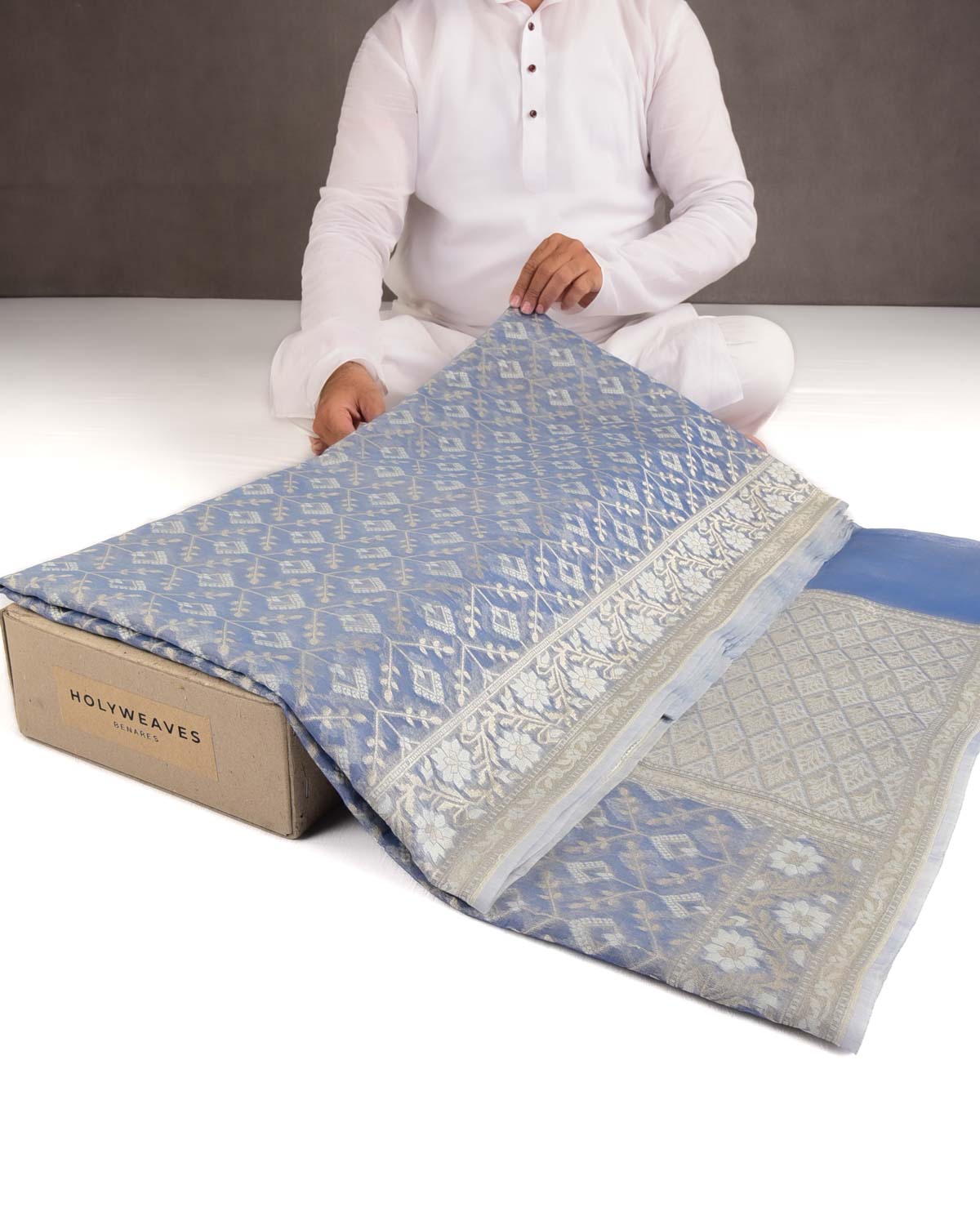 Bluish Gray Gold Zari & Resham Cutwork Brocade Woven Art Cotton Silk Banarasi Saree-HolyWeaves