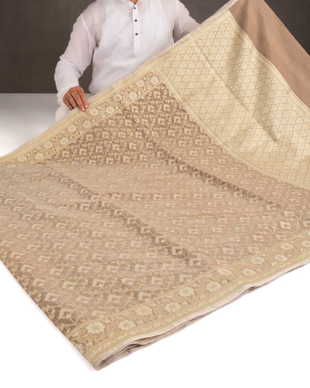 Brown Gold Zari & Resham Cutwork Brocade Woven Art Cotton Silk Banarasi Saree-HolyWeaves