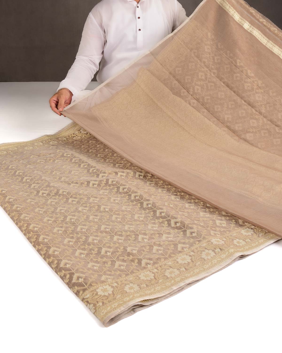 Brown Gold Zari & Resham Cutwork Brocade Woven Art Cotton Silk Banarasi Saree-HolyWeaves