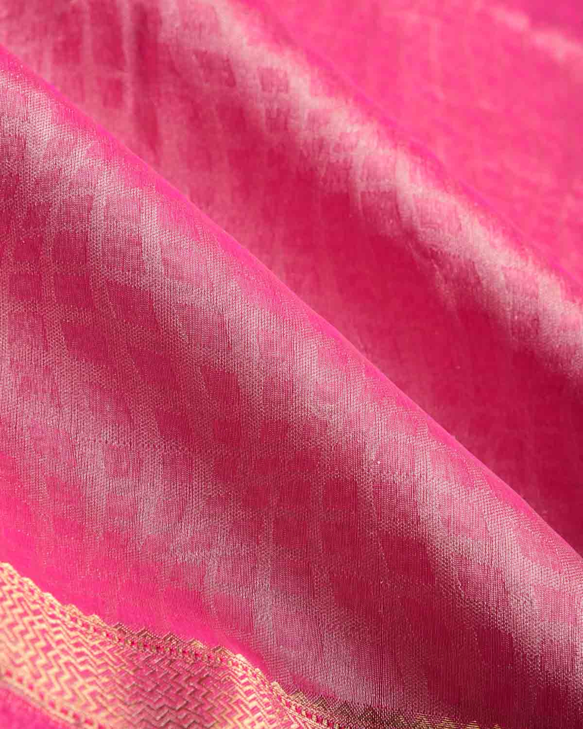Silver Pink Geometric Grids Tanchoi Handwoven Kora Tissue Banarasi Saree-HolyWeaves