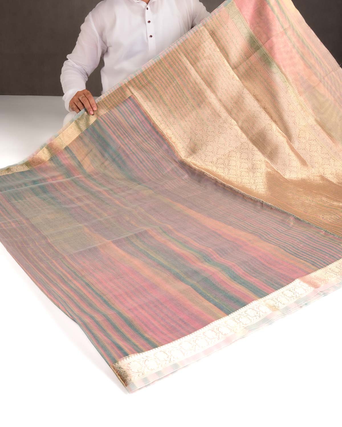 Variegated Multi-color Zari Brocade Woven Kora Tissue Saree-HolyWeaves