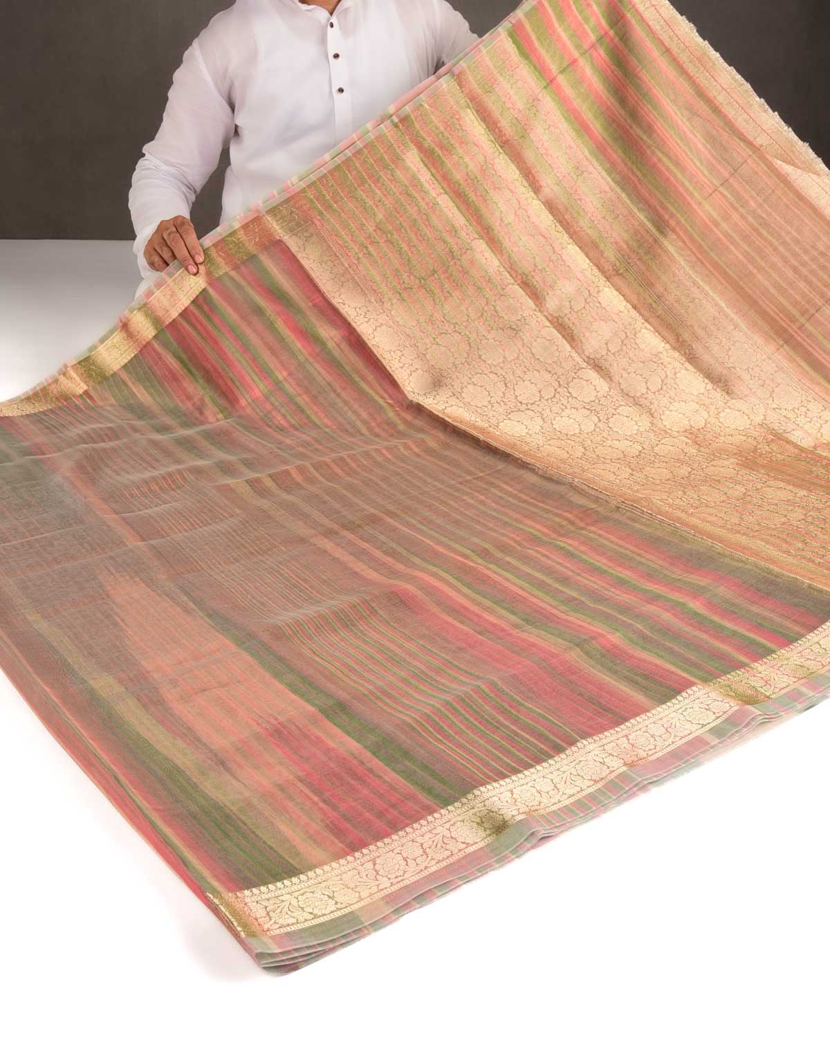 Variegated Multi-color Zari Brocade Woven Kora Tissue Saree-HolyWeaves