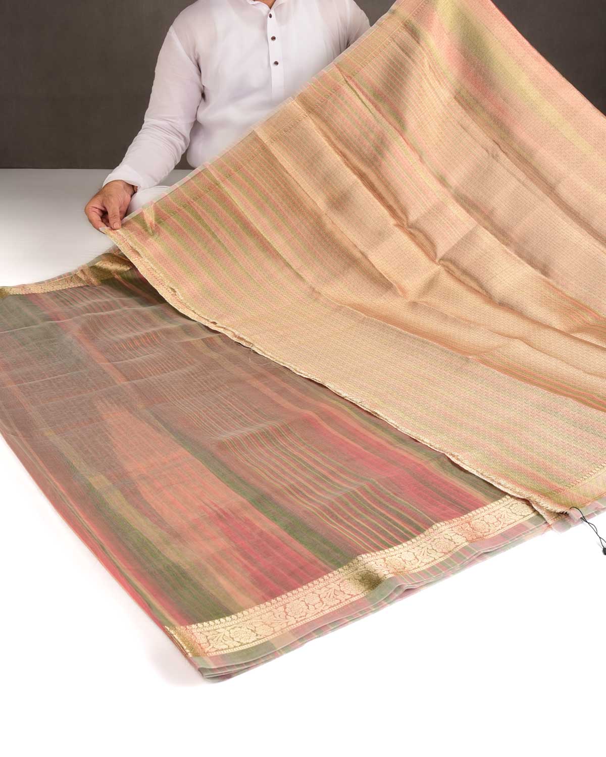 Variegated Multi-color Zari Brocade Woven Kora Tissue Saree-HolyWeaves