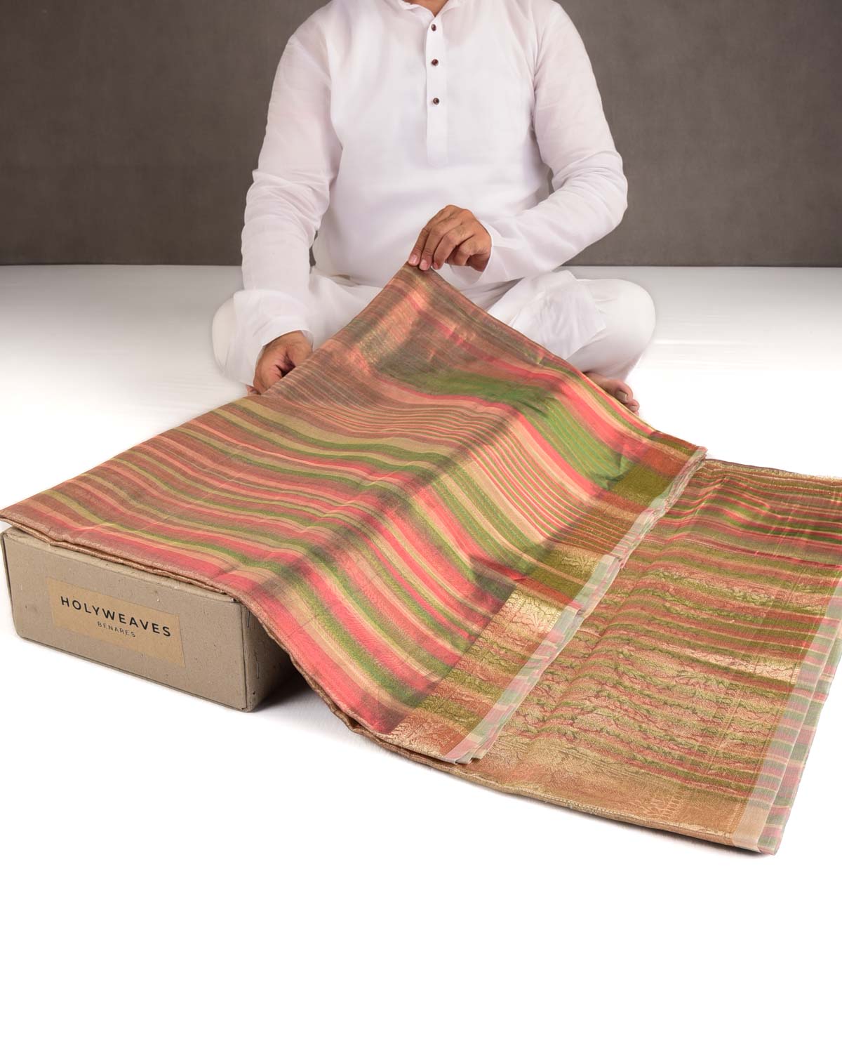 Variegated Multi-color Zari Brocade Woven Kora Tissue Saree-HolyWeaves