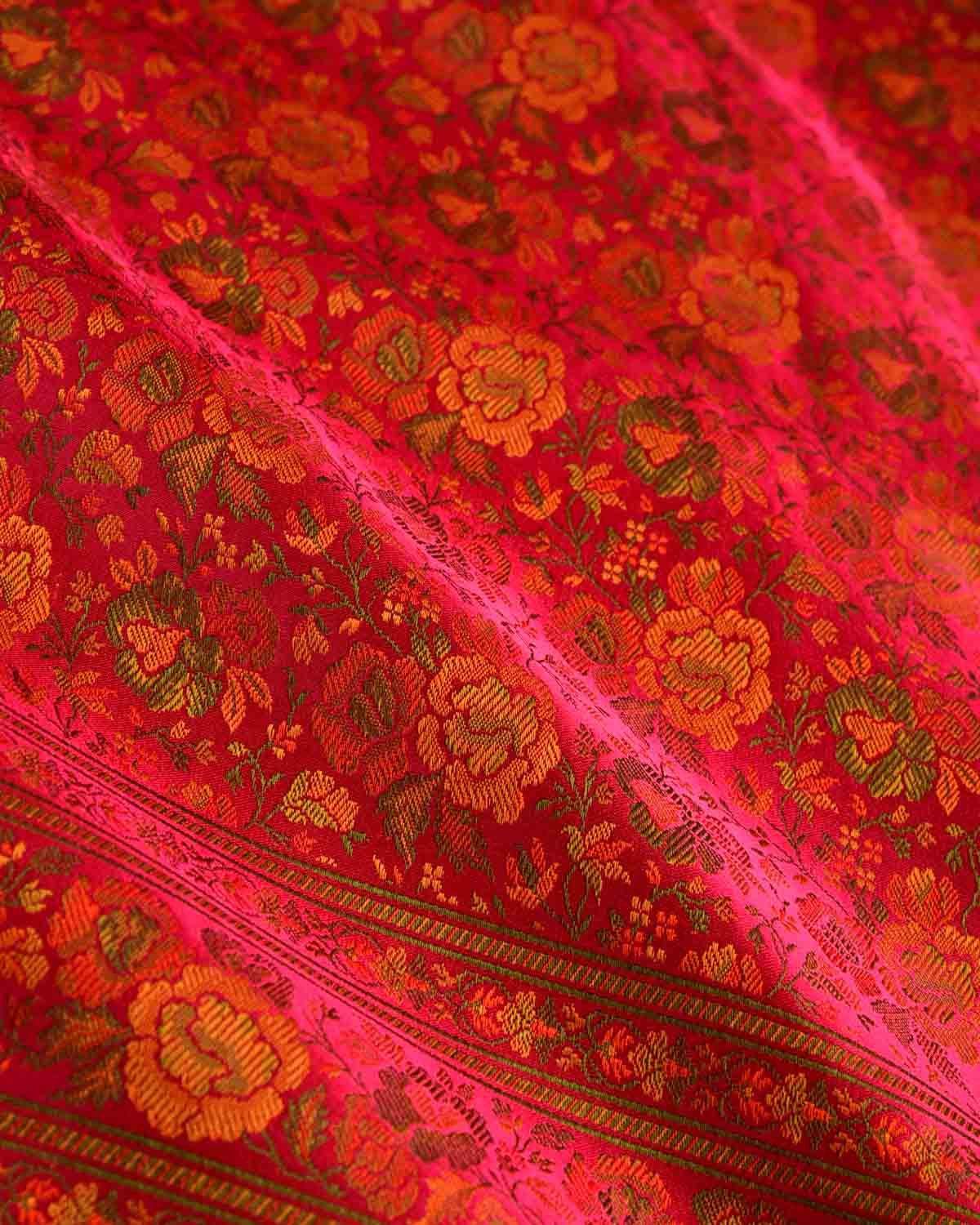 Red Floral Satin Tanchoi Jamawar Handwoven Katan Silk Banarasi Saree-HolyWeaves