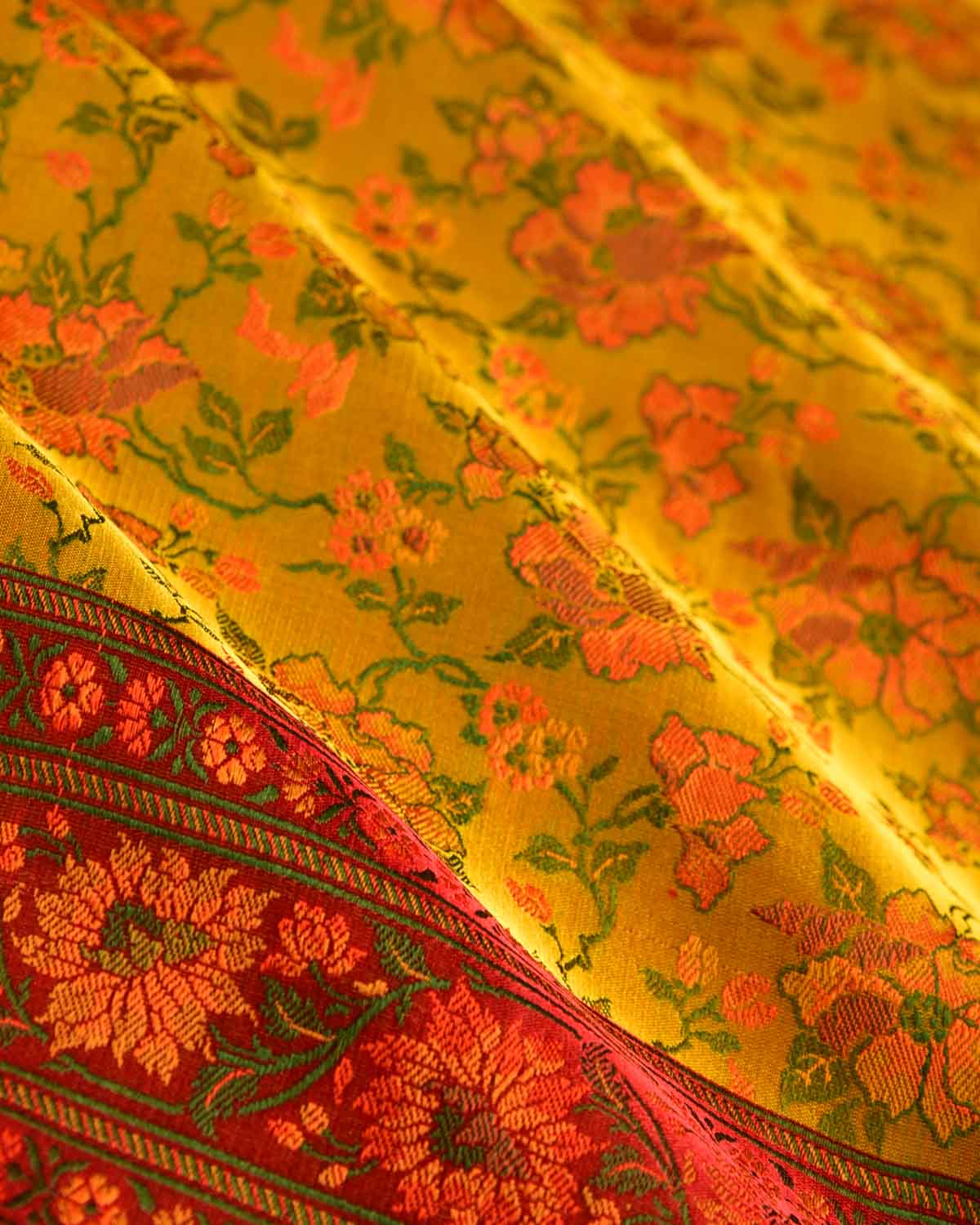 Mustard Yellow Floral Satin Tanchoi Jamawar Handwoven Katan Silk Banarasi Saree with Contrast Red Border Pallu-HolyWeaves