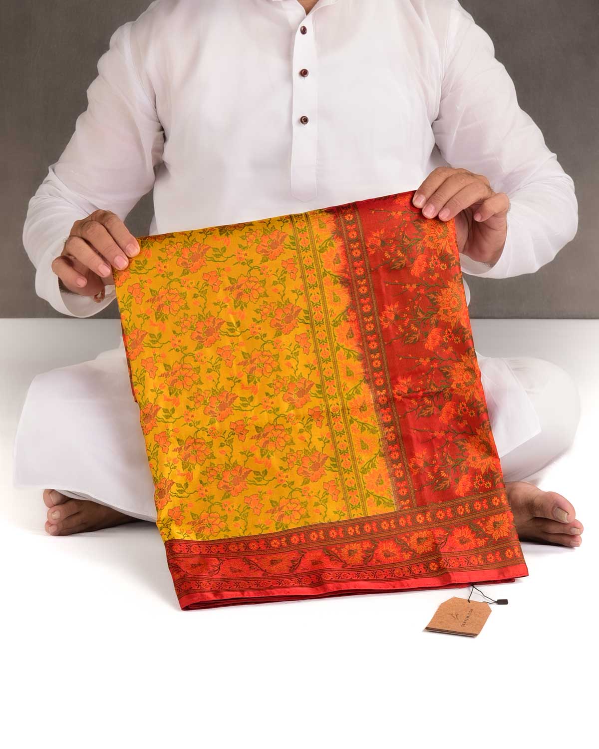 Mustard Yellow Floral Satin Tanchoi Jamawar Handwoven Katan Silk Banarasi Saree with Contrast Red Border Pallu-HolyWeaves