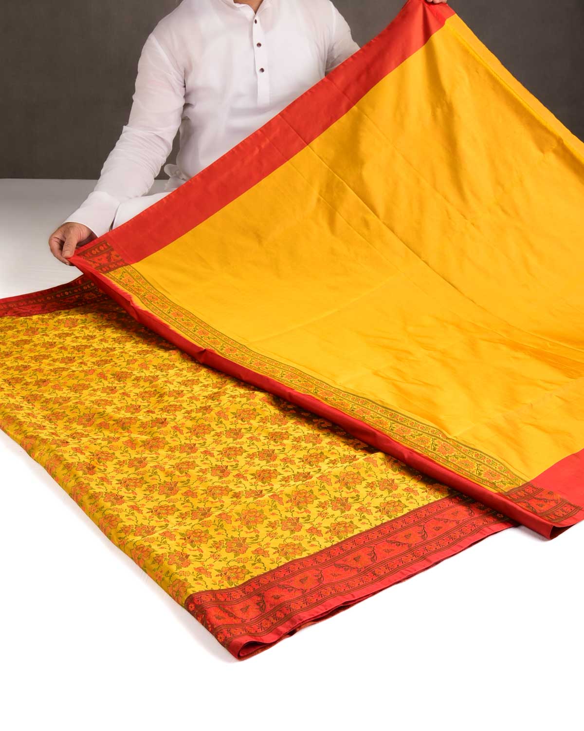 Mustard Yellow Floral Satin Tanchoi Jamawar Handwoven Katan Silk Banarasi Saree with Contrast Red Border Pallu-HolyWeaves