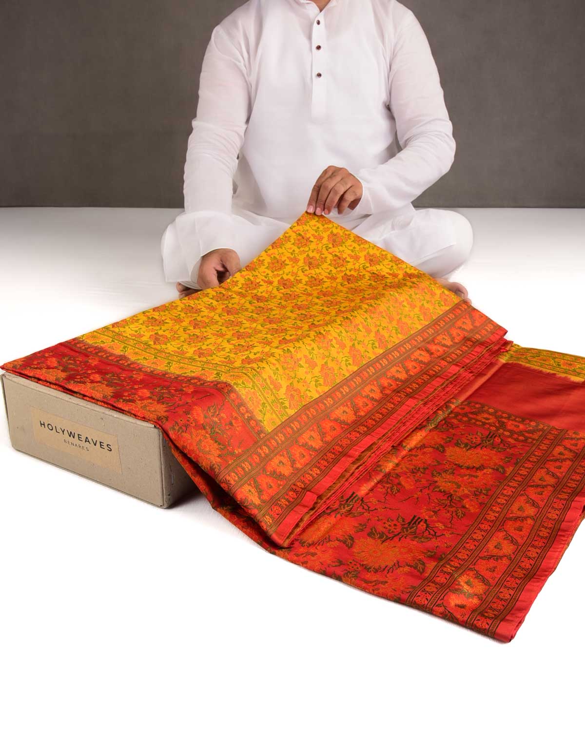 Mustard Yellow Floral Satin Tanchoi Jamawar Handwoven Katan Silk Banarasi Saree with Contrast Red Border Pallu-HolyWeaves