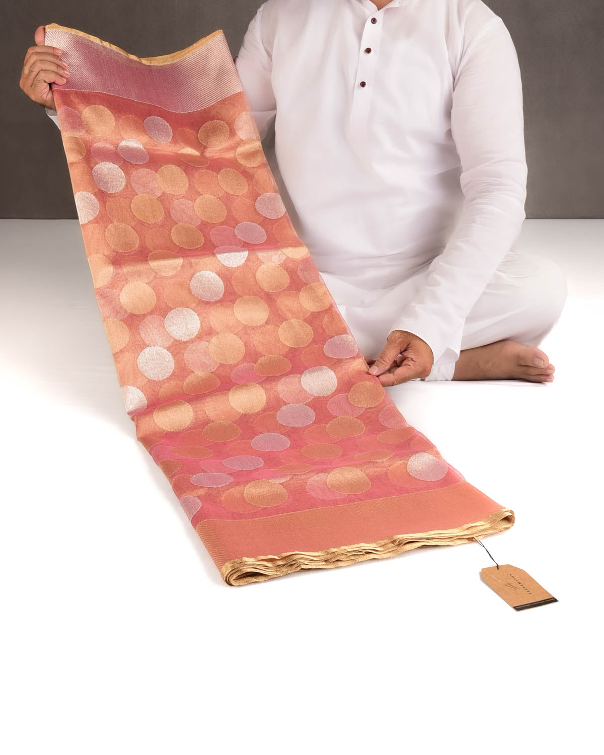 Metallic Garnet Gold and Silver Zari Big Polka Kadhuan Brocade Handwoven Net Tissue Banarasi Saree-HolyWeaves