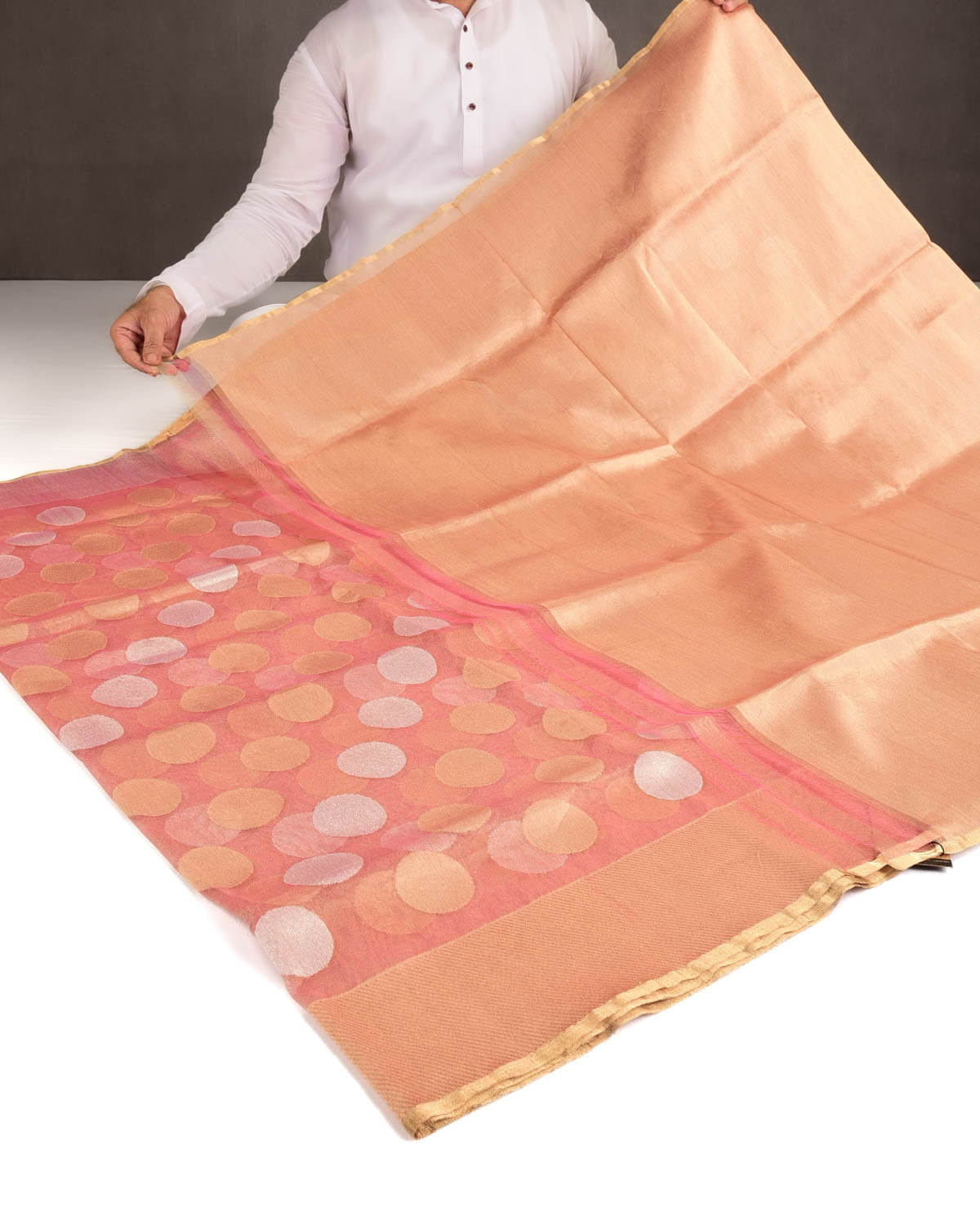 Metallic Garnet Gold and Silver Zari Big Polka Kadhuan Brocade Handwoven Net Tissue Banarasi Saree-HolyWeaves