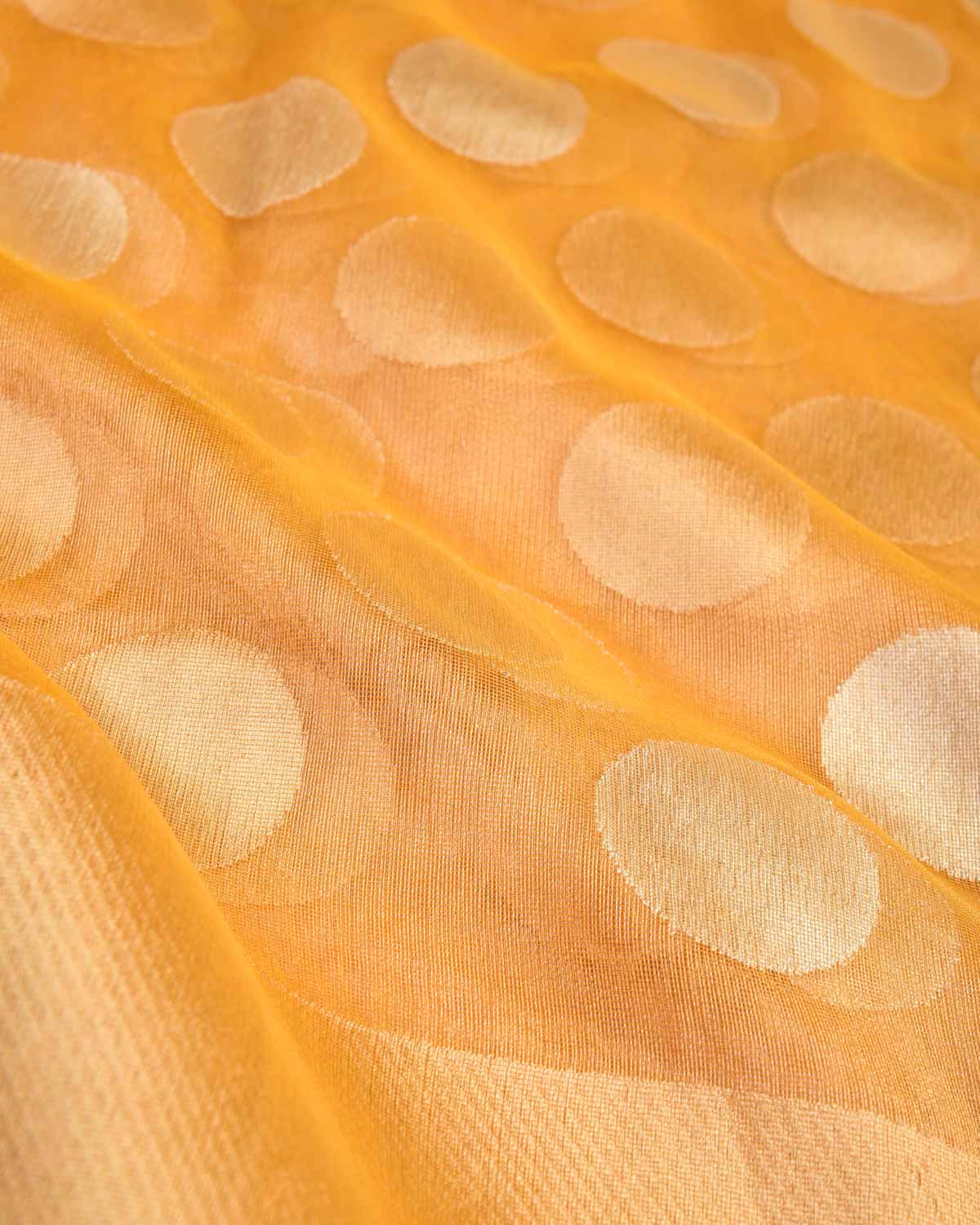 Metallic Yellow Gold and Silver Zari Big Polka Kadhuan Brocade Handwoven Net Tissue Banarasi Saree-HolyWeaves