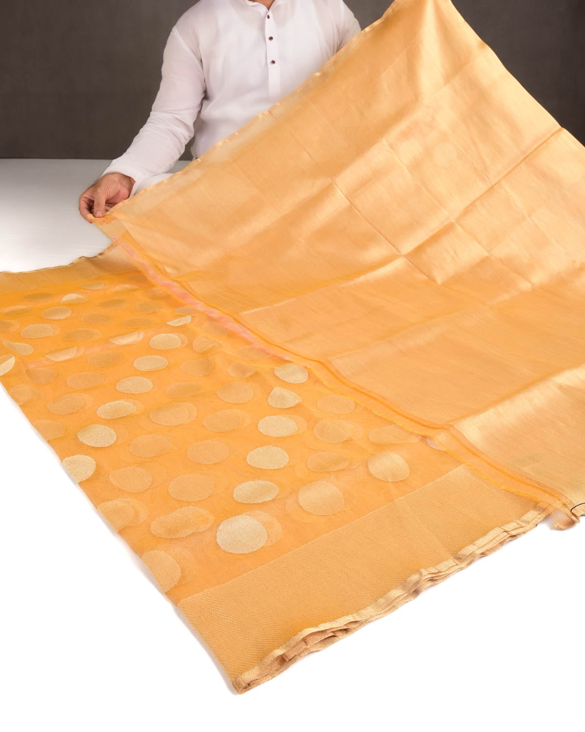 Metallic Yellow Gold and Silver Zari Big Polka Kadhuan Brocade Handwoven Net Tissue Banarasi Saree-HolyWeaves