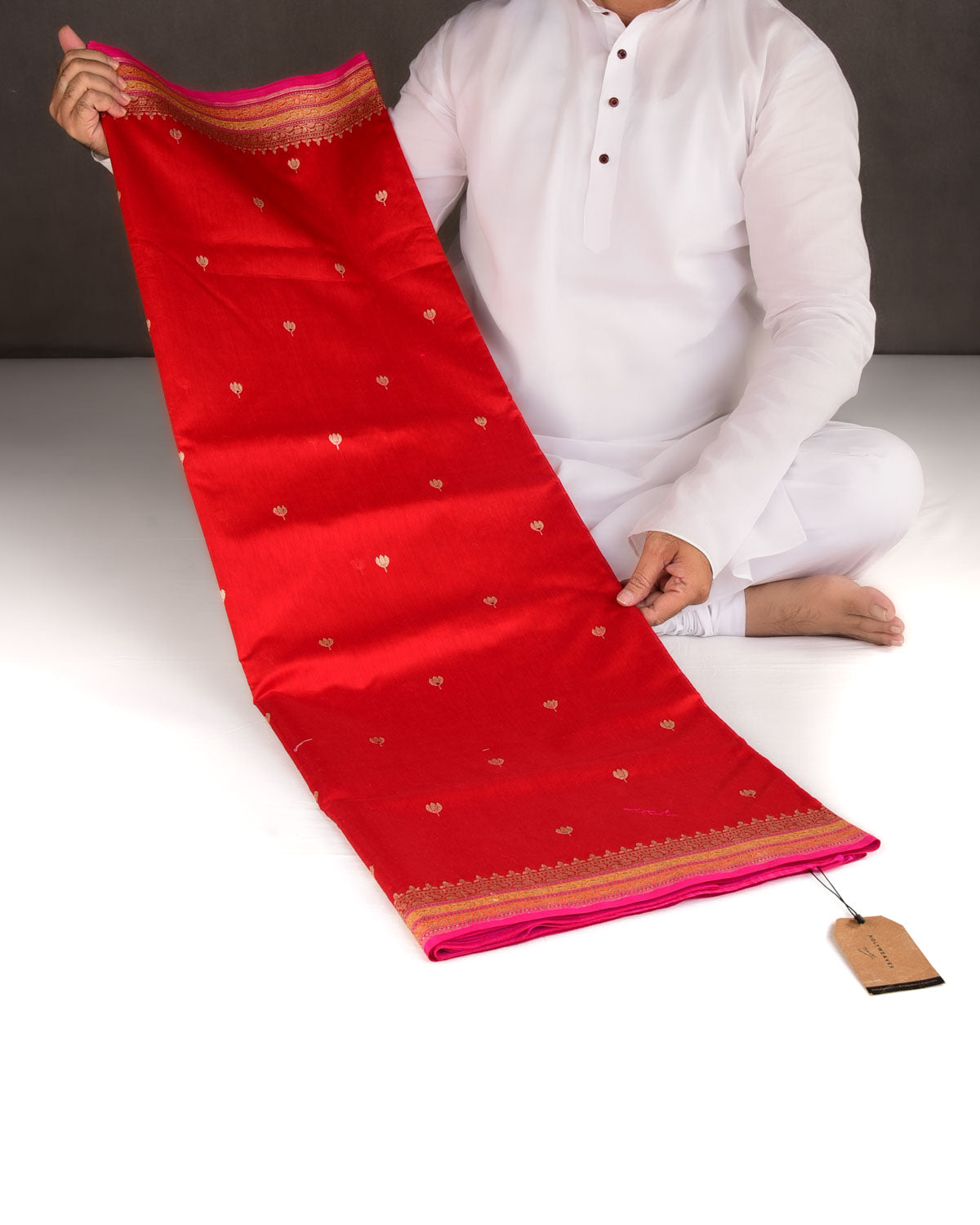 Bridal Red Gold Zari & Resham Buti Kadhuan Brocade Handwoven Cotton Silk Banarasi Saree-HolyWeaves