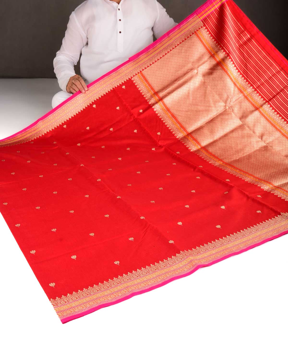 Bridal Red Gold Zari & Resham Buti Kadhuan Brocade Handwoven Cotton Silk Banarasi Saree-HolyWeaves