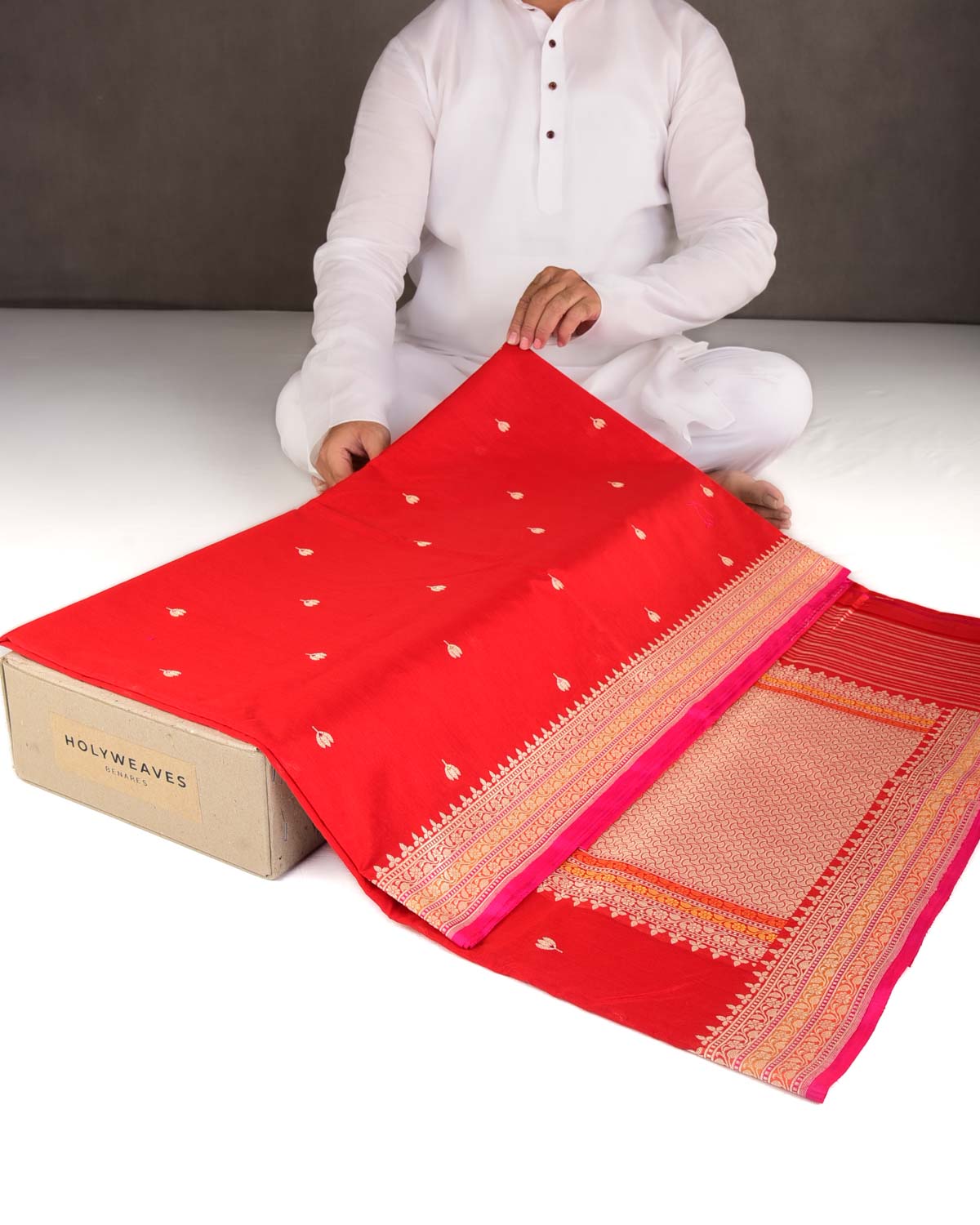 Bridal Red Gold Zari & Resham Buti Kadhuan Brocade Handwoven Cotton Silk Banarasi Saree-HolyWeaves