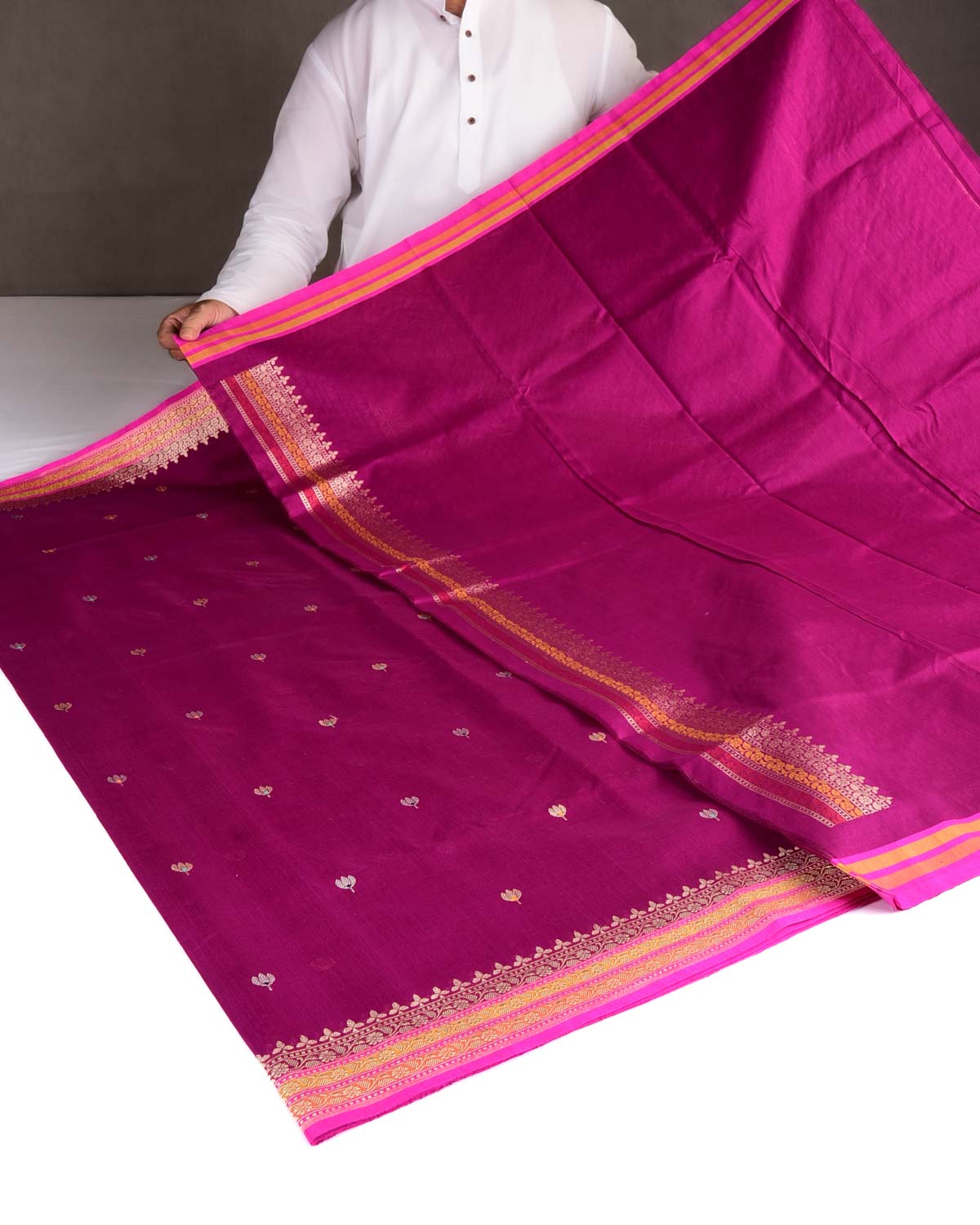 Magenta Gold Zari & Resham Buti Kadhuan Brocade Handwoven Cotton Silk Banarasi Saree