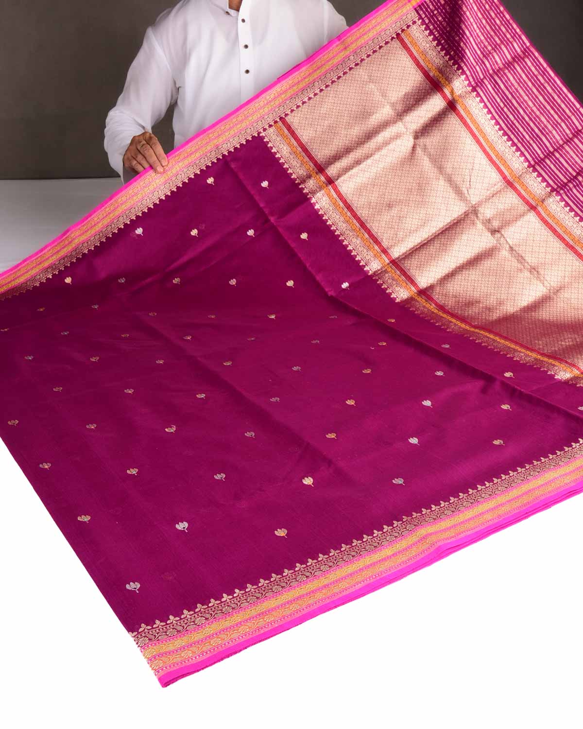 Magenta Gold Zari & Resham Buti Kadhuan Brocade Handwoven Cotton Silk Banarasi Saree