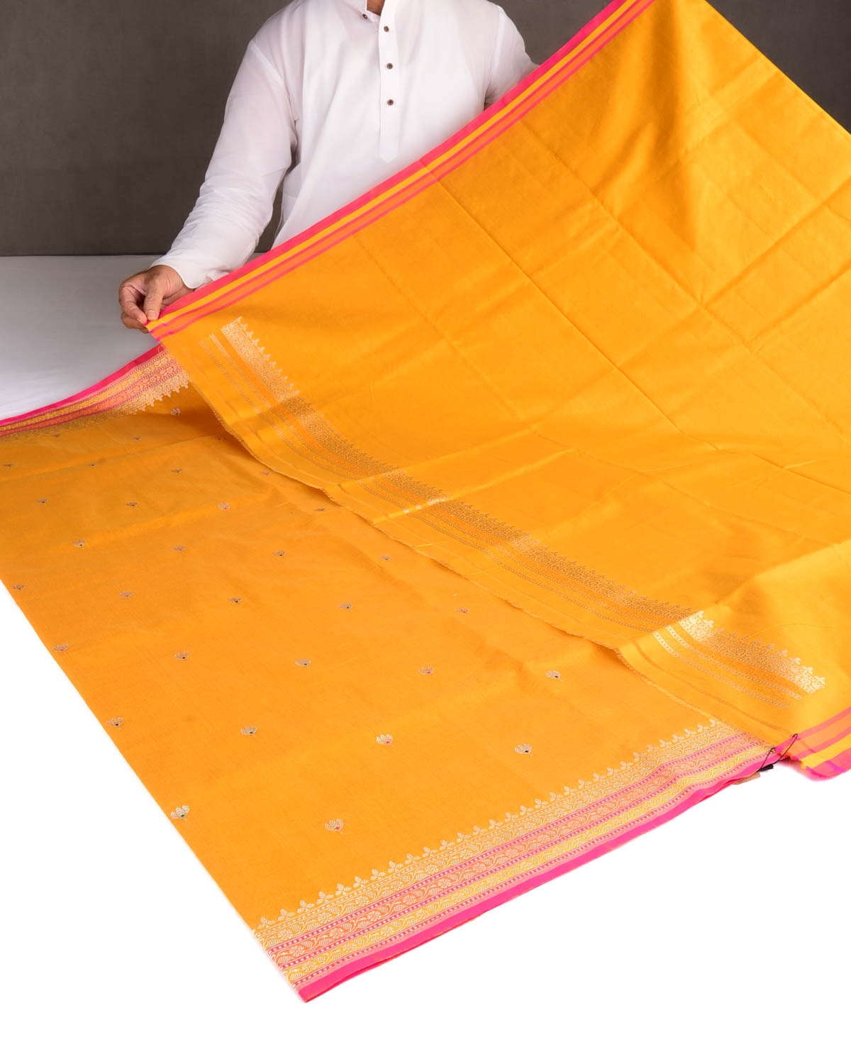 Mustard Yellow Gold Zari & Resham Buti Kadhuan Brocade Handwoven Cotton Silk Banarasi Saree